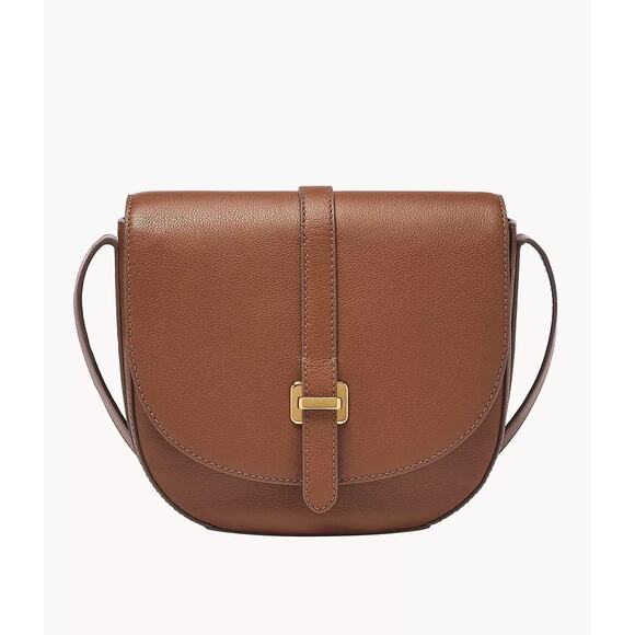 Fossil Emery Leather Saddle Bag Crossbody Medium Brown Pebbled Leather $195 NWT - Picture 1 of 4